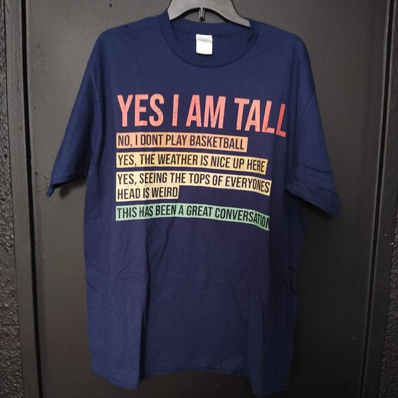 Port & Company "Yes I Am Tall" Novelty T-Shirt XL Navy Blue NWT - Picture 1 of 3